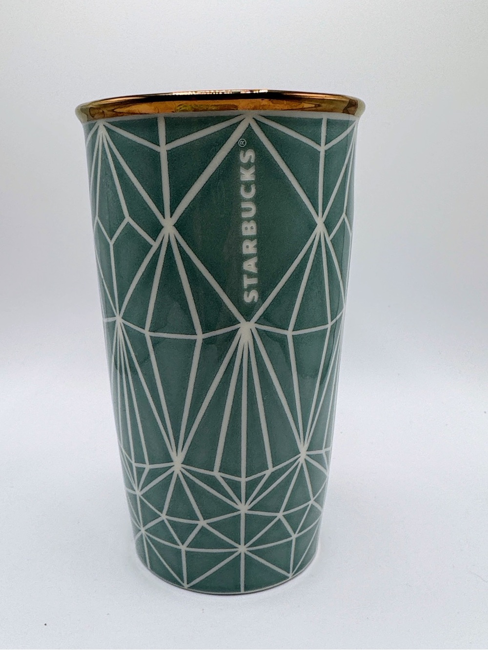 Starbucks Teal Geometric Ceramic Vase with Gold Rim